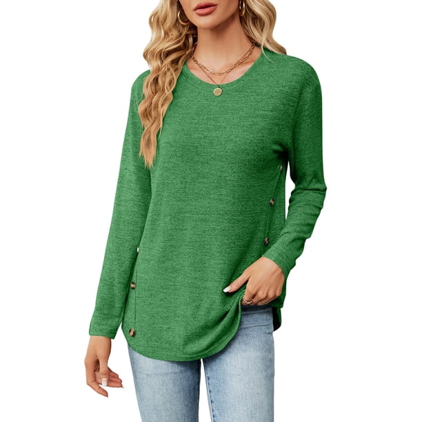 Blusas de Larga con Cuello Redondo para Mujer, Blusas Holgadas con Botones para Otoño e Invierno 2025. Verde S