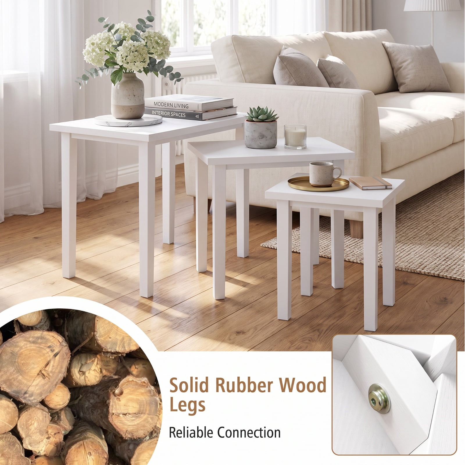 Furnibear 3 Piece Farmhouse Nesting Side Table Set with Rubber Wood Legs and Stackable Rectangle Tops for Living Room and Bedroom, White