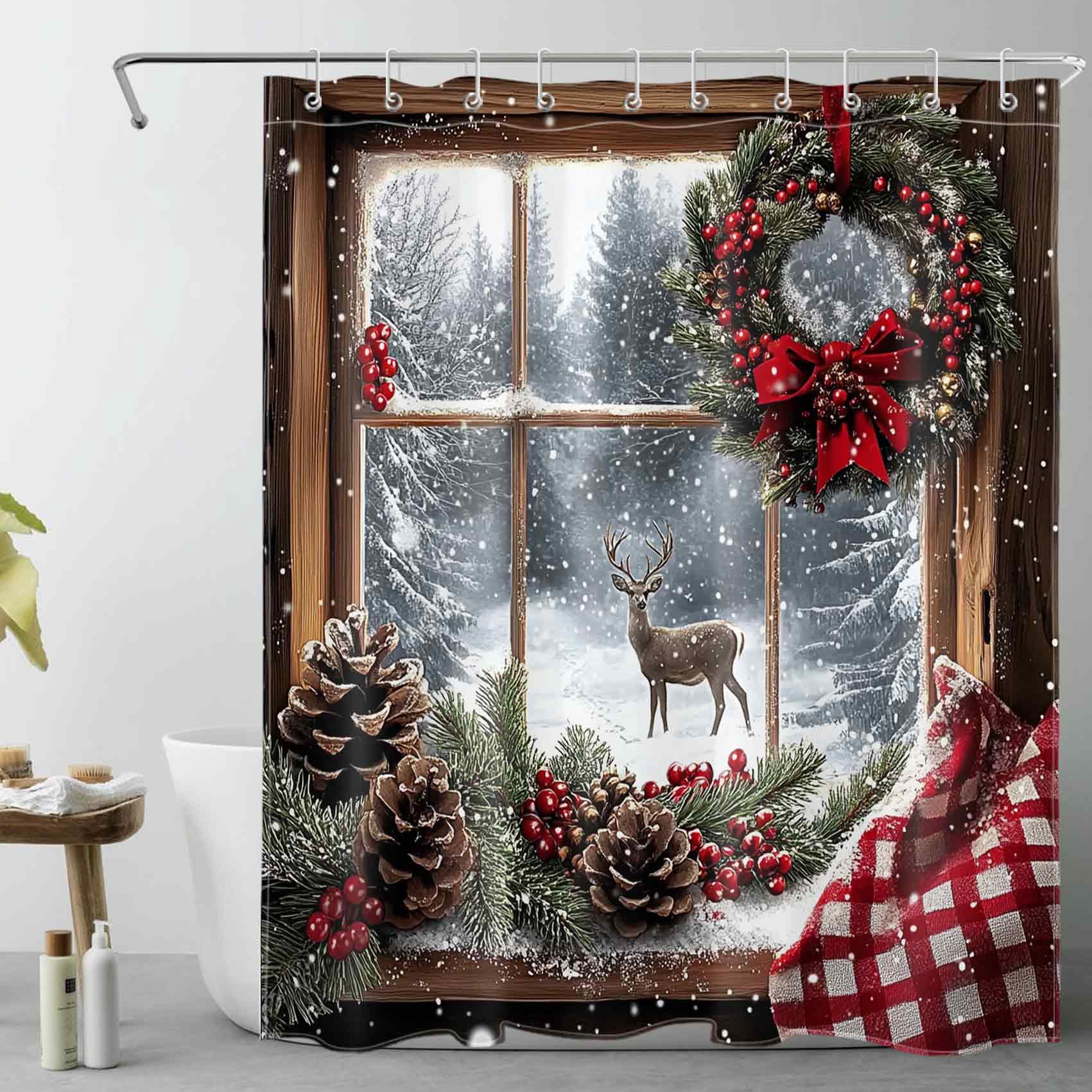 NEONWE Christmas Snowy Shower Curtain Farmhouse Window Wreath Winter Forest Deer Rustic Holiday Bathroom Shower Curtain Home Decor Polyester Waterproof Fabric with 10 Pack Plastic Hook 72" X 60"