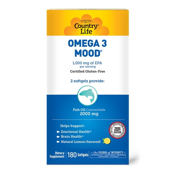 Country Life Omega 3 Fish Oil Supplement - High Concentration EPA and DHA Omega 3 Fatty Acids - 2000mg Fish Oil for Emotional Health, Mood Support, and No Fish Taste - Natural Lemon Flavor
