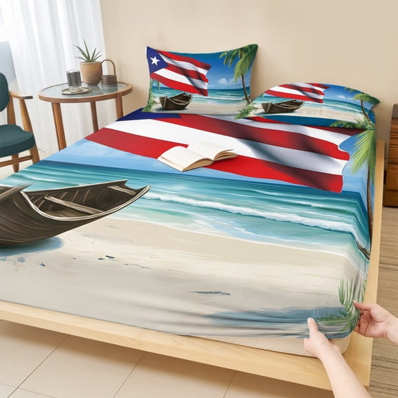 Full Size Fitted Sheet Set - Puerto Rico Flag Sea 3 Piece Bedding Sets 16" Deep Pocket Fitted Sheet with 2 Pillowcases Beach Palm Trees Boat Nautical Brushed Microfiber Hotel Luxury Bed Sheets