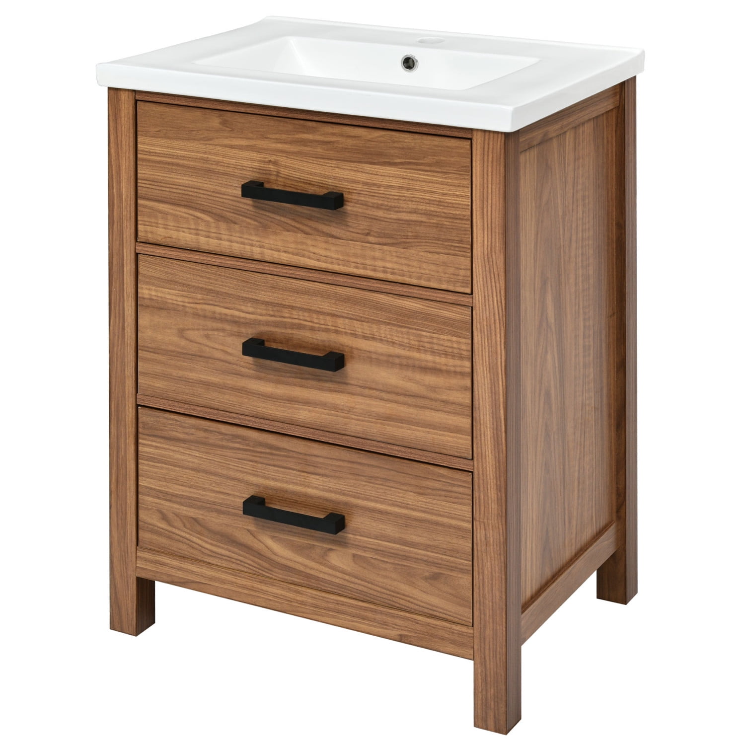 Harper & Bright 24" Bathroom Vanity With Sink – Freestanding, White, Single Basin, 2 Drawers & Glass Door Cabinet, Ceramic Top