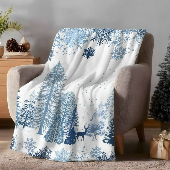 Throw Blanket Fleece Throw Blanket 40x50in, Winter Season Snowy Forest Soft Lightweight Bed Blankets Christmas Tree Elk Snowflakes Fuzzy Couch Blankets for All Season