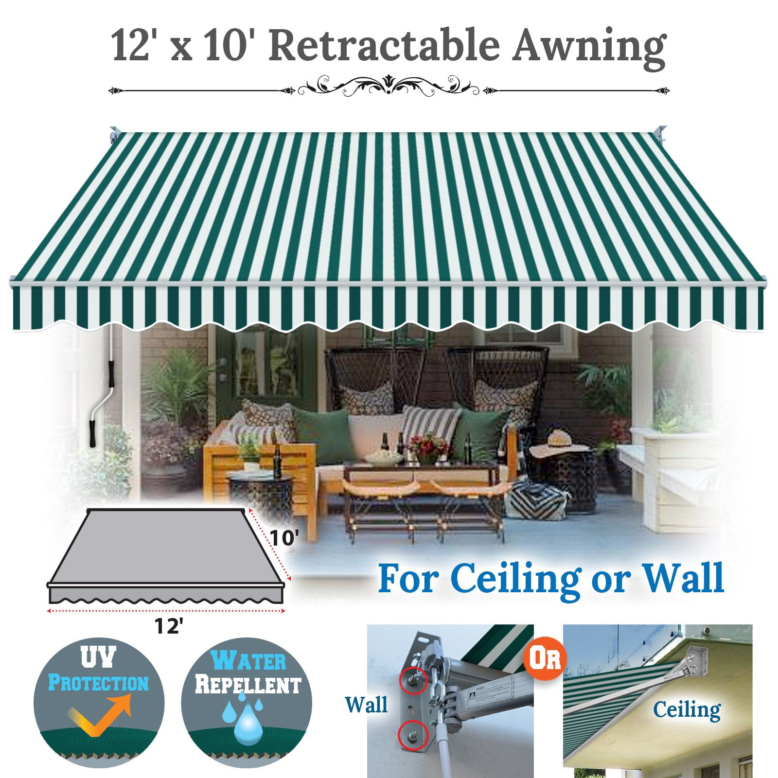 SUNNYOUTDOOR 12x10 FT Patio Awning Retractable Outdoor Sun Shade Manual Patio Deck Awning Heavy Duty Awning (Green with white)