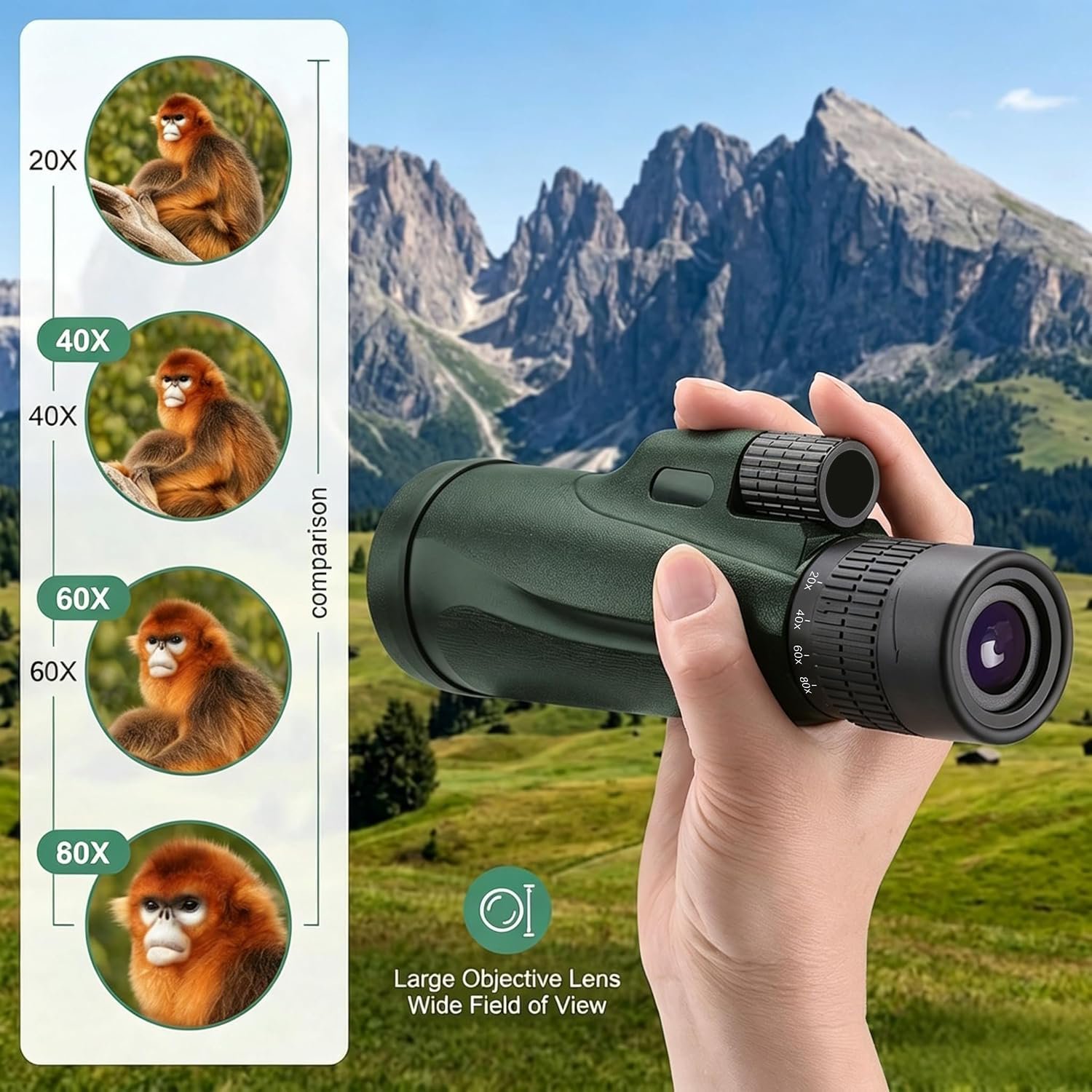 1 Pack Monocular Telescope 80x100 with Tripod and Phone Adapter BAK4 Prism FMC Lens Adjustable for Watching Hunting Camping Green