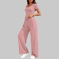 thumbnail image 5 of 2 Piece Sets for Women Ribbed Slim V Neck Crop Tops Matching Straight Leg Ruched Pants Summer Vacation Outfits, 5 of 8