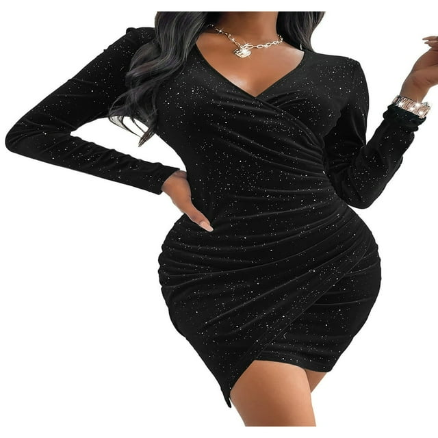 Femmes V-Cou Paillettes Wrap Robe Manches Longues Élégant Bodycon Parti Robe de Cocktail