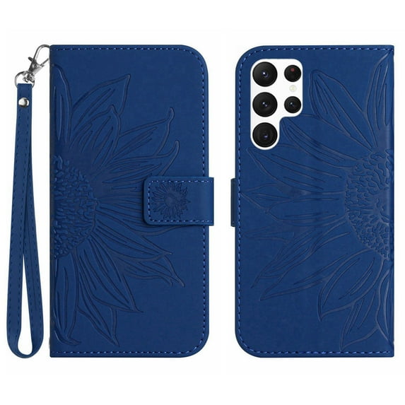 Allytech for Samsung Galaxy S23 Ultra 5G Case 2023, Embossed Sunflower PU Leather & TPU Anti-Scratch Shockproof Magnetic Button Protective Kickstand Case for Galaxy S23 Ultra (6.8 inch), Darkblue