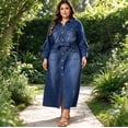 thumbnail image 2 of Deep Blue Plus Size Denim Dress for Women, Lapel Button Front Belted Maxi Dress for Work and Casual, 2 of 5