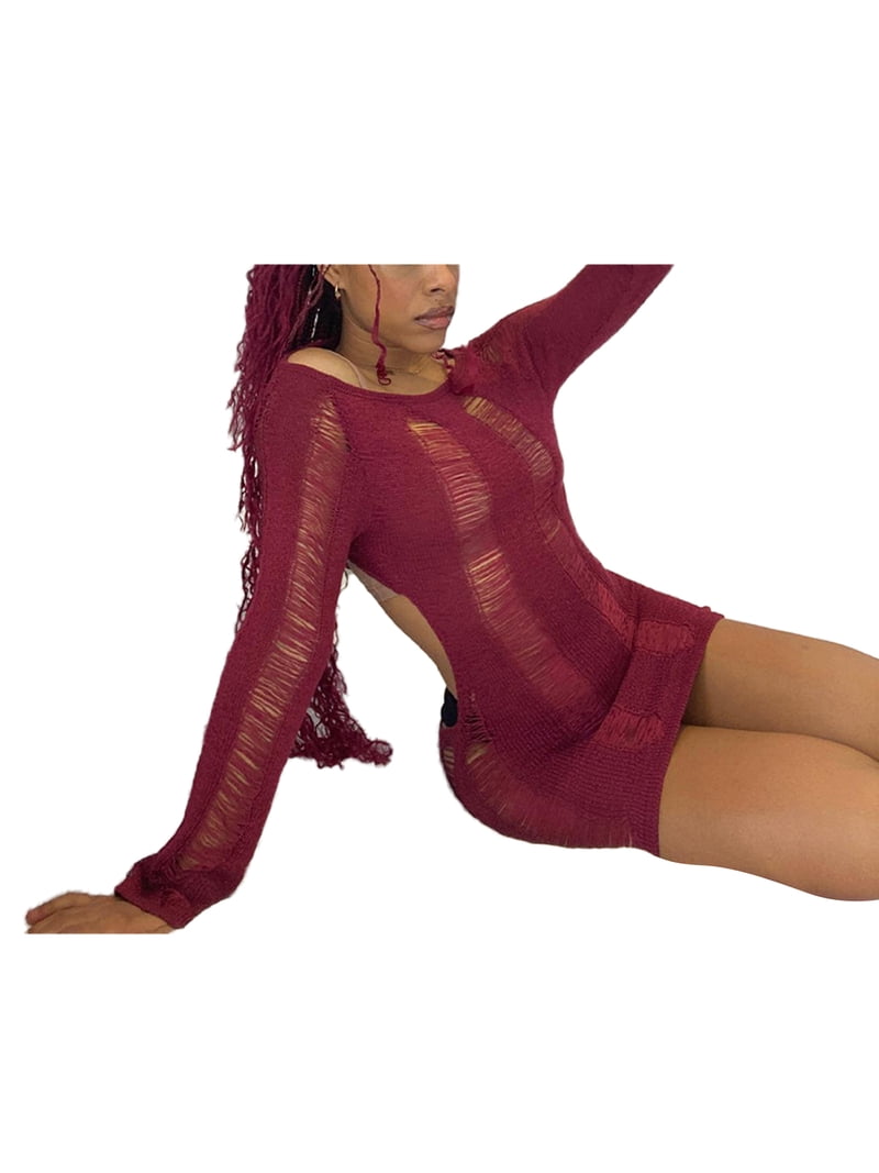 Linjianvhai Women Sexy Mini Dress Knit Mesh Cut Out Dress Backless Long  Sleeve Ripped Bodycon Indie Girls Party Dress (Black, S) - Walmart.com