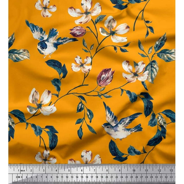 Soimoi Georgette Viscose Fabric Robin,Leaves & Wildflower Floral Printed Fabric 1 Yard 42 Inch Wide