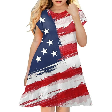 

Girls Dresses Summer Independence Day For Children Toddler 4Th Of July 3D Graphic Printed Short Sleeve Kids Casual Soft Party Princess Sun Dress
