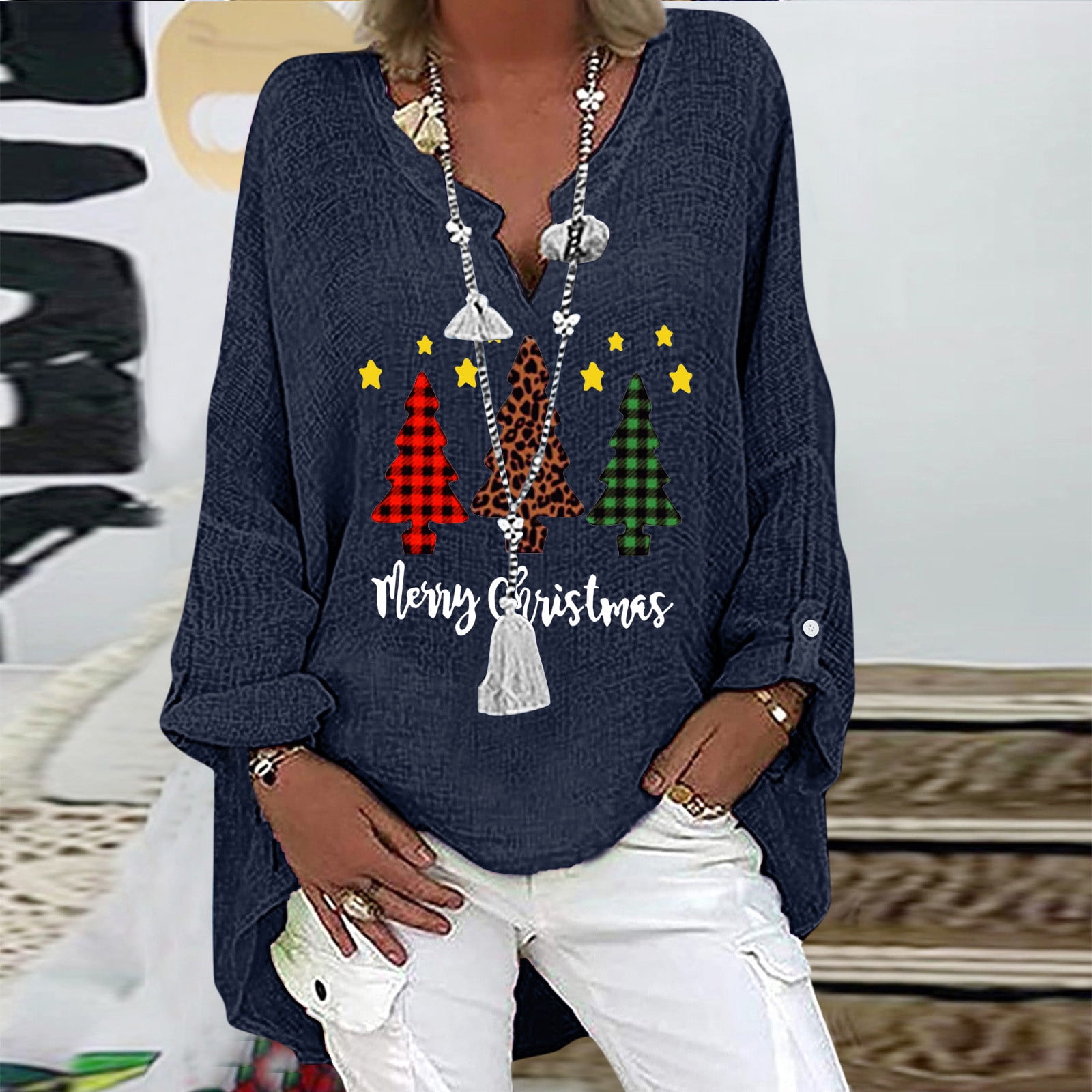 Ugly Christmas Sweater for Women Women Long Sleeves Shoulder Cotton Linen  V-Neck Loose Christmas Print Blouse Tunic Tops,Navy,M - Walmart.com