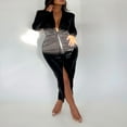 thumbnail image 2 of Women Solid Color Long Sleeve Deep V Neck Leather Party Dress, 2 of 9