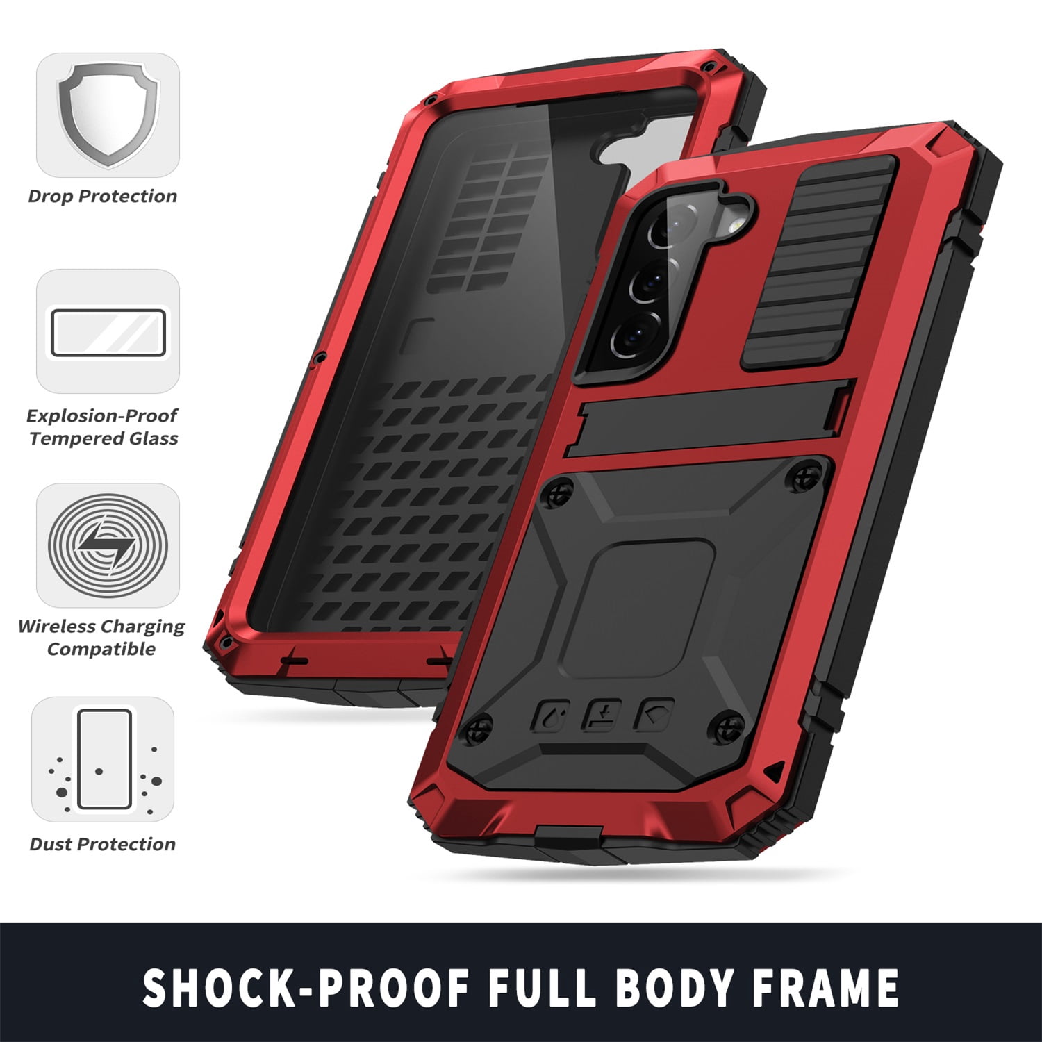ELEHOLD for Samsung Galaxy S23 Plus 6.6" Case, Heavy Duty Armor Built-in Explosion-Proof Tempered Glass Screen Protector Wireless Charging Hang Rope Hidden Kickstand Shockproof Rugged Case,Red