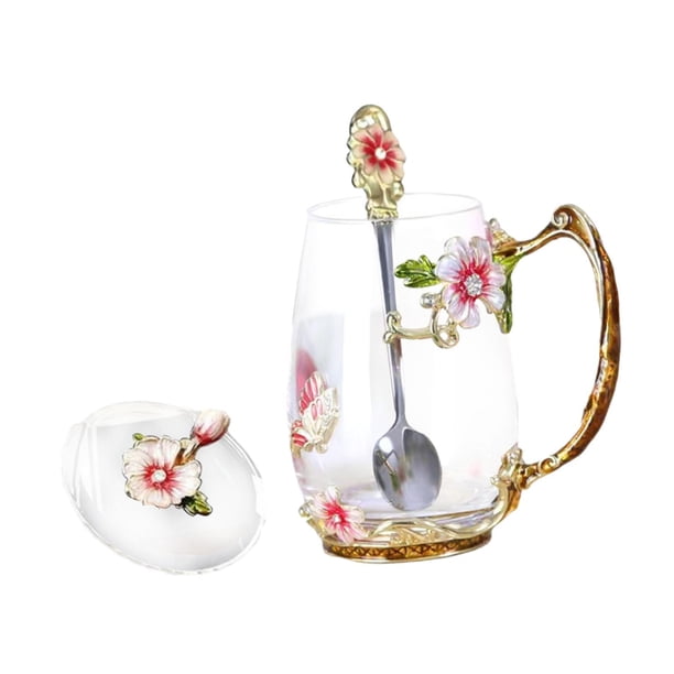 Taza de té con forma de flor esmaltada con cuchara, taza de agua, taza de té con tapa, taza de té de vidrio para amigos, mamás, graduaciones, niñas, M