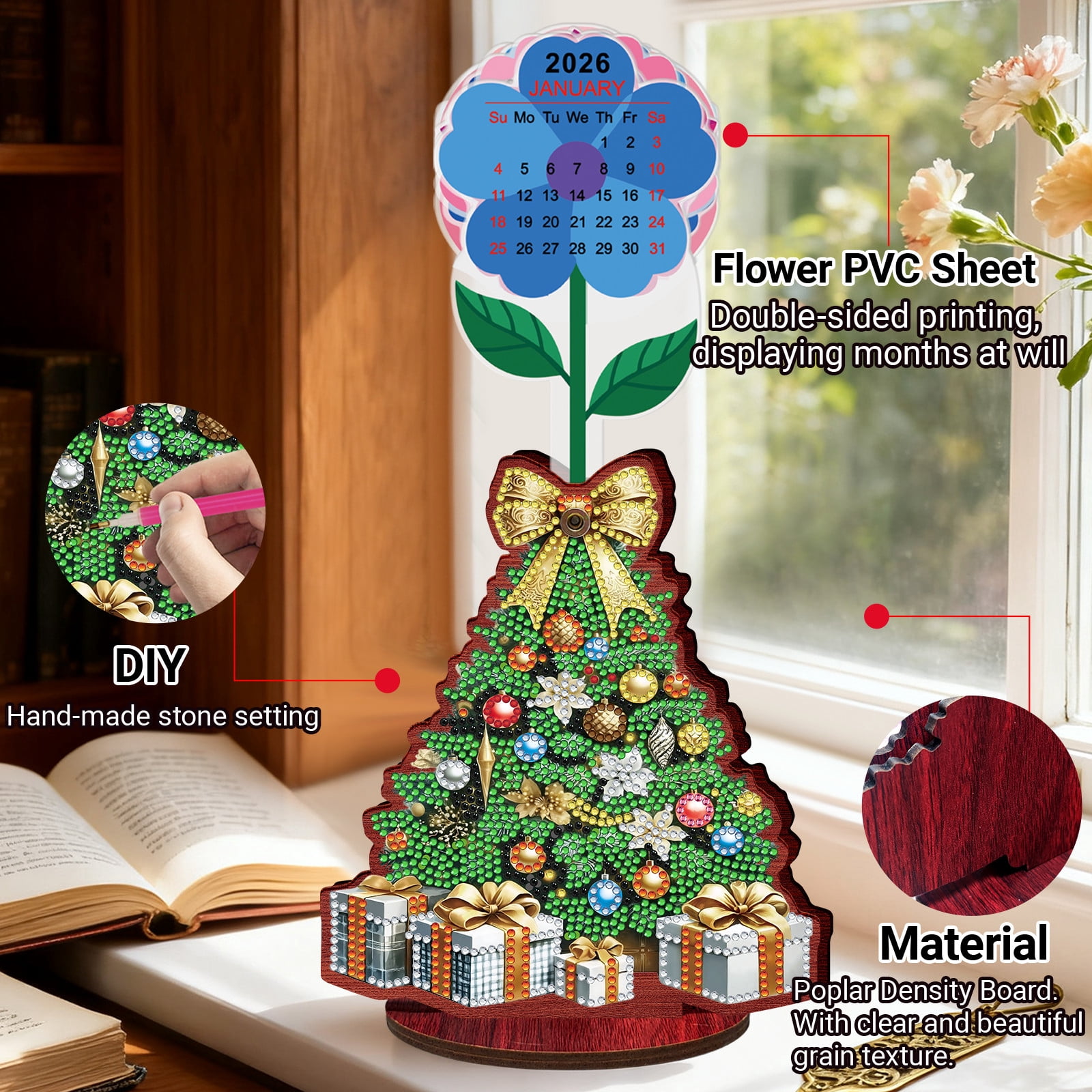 FLOPESN 2026-2027 Wooden Desktop Calendar DIY Diamond Art Painting Kits,Creative Design PVC Insert Home Decor Ornament-2PCS-Christmas
