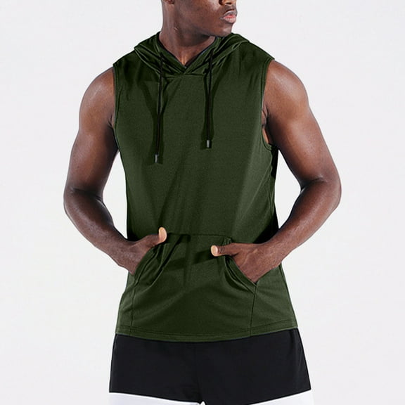 COSFO Men Hoodies Pullover Casual Workout Green Tops Hooded Loose Summer Kangaroo Pocket Sleeveless Tank Tops