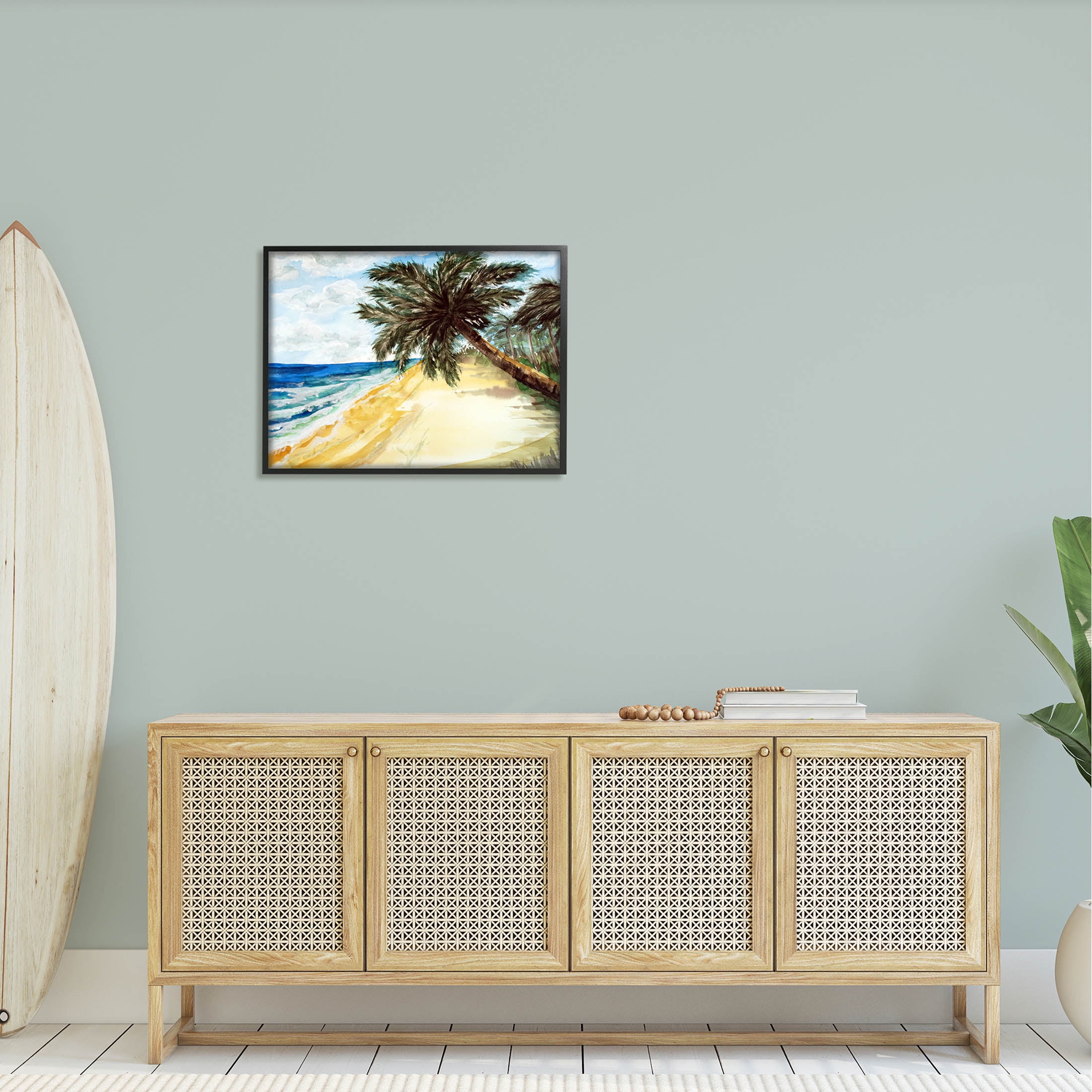 Summer Palm Overhanging Beach Coastal Painting Black Framed Art Print Wall Art