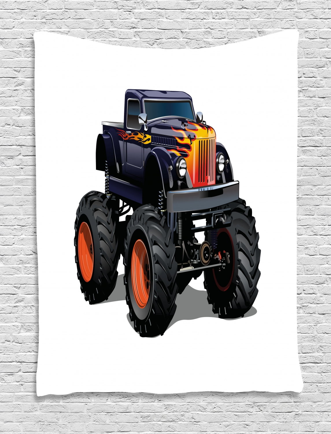 Truck Tapestry Flame Patterned Hood Cool Monster Truck With Giant Wheels Children S Cartoon Pickup Wall Hanging For Bedroom Living Room Dorm Decor