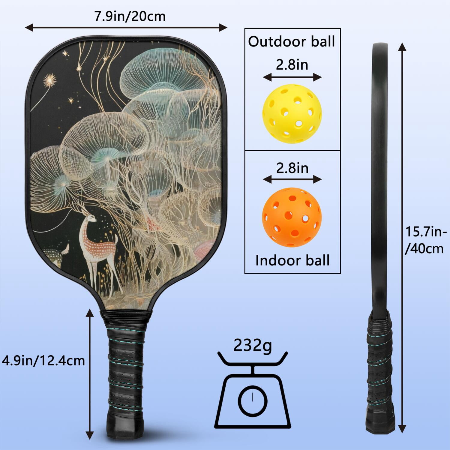 Pickleball Paddles Set Of 2, Fiberglass Surface, Mysterious Fairyland Print, 4 Balls & Bag