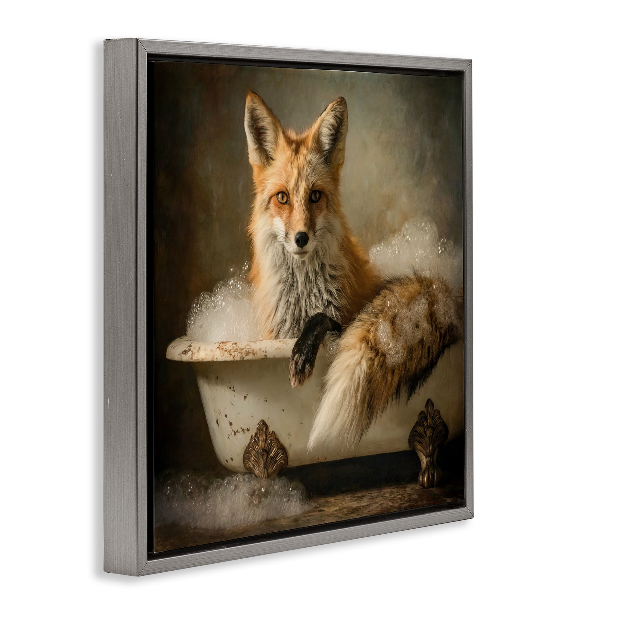 Stupell Industries Red Fox Bubble Bath Gray Framed Floater Canvas Wall Art, design by Tina LeCour