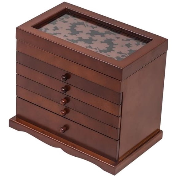 O'force Large Jewelry Organizer Wooden Storage Box 6 Layers Case with 5 Drawers, Brown