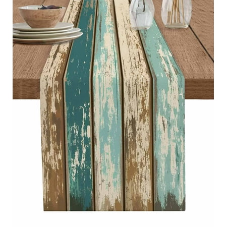 

Farmhouse Teal Brown Table Runner Vintage Retro Ombre Wooden Tablerunners 13 x 90 Inch Table Decorations Tabletop Scarf for Summer Gathering Holiday Farmhouse Kitchen Dining Decor