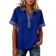 thumbnail image 6 of Womens Denim Collared Casual Shirts Buttons Decor V Neck Dressy Tops Patchwork Splicing Summer Pullover Blue 2XL, 6 of 6