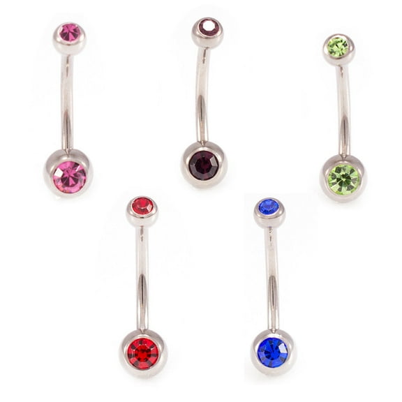 Belly Button ring Package of 5 Navel Ring Solid Titanium with two CZ Jewels 14g