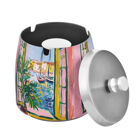 Yayeee Ashtray with Lid for Cigarette Smokeless Stainless Steel Home Ash Holder, Yellow Window