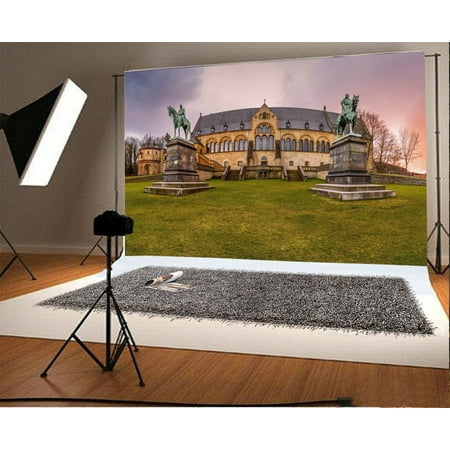 Image of MOHome 7x5ft Goslar Castle Backdrop Green Grass Lawn Ancient European Archiculture Carving Statue Nature Landscape Travel Photography Background Kids Children Adults Photo Studio Props