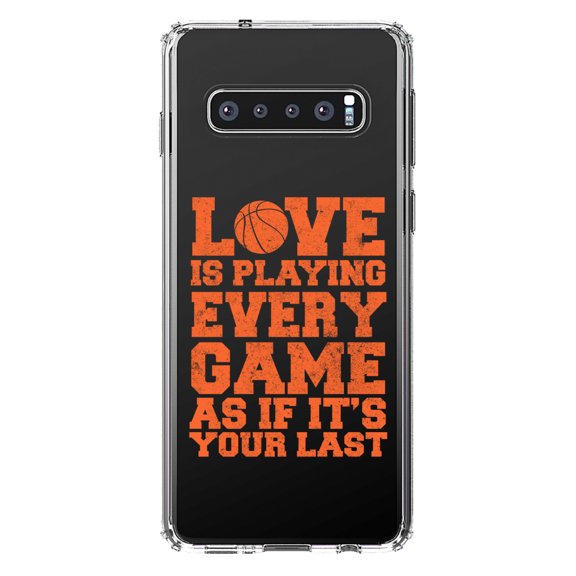 DistinctInk Clear Shockproof Hybrid Case for Samsung Galaxy S10 (6.1" Screen) - TPU Bumper Acrylic Back Tempered Glass Screen Protector - Love is Playing Every Game As If It's Your Last