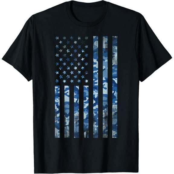 Blue Camo American Flag USA Tactical Ocean Camouflage T-Shirt