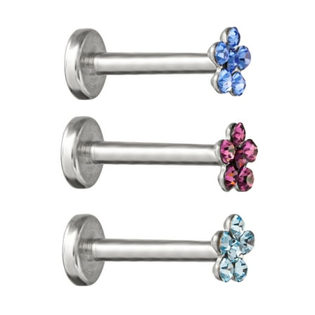 Body Jewelry Women's Stainless Steel 16G Different Color Crystal Flower Monroe, 3 Pack