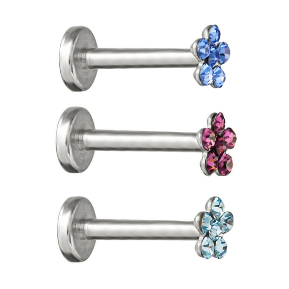 Body Jewelry Women's Stainless Steel 16G Different Color Crystal Flower Monroe, 3 Pack