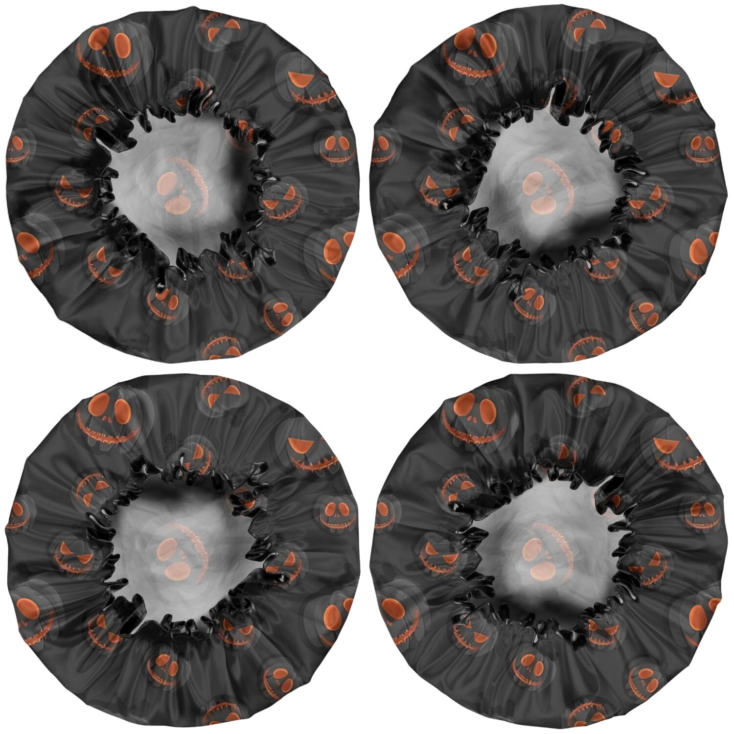 Shower Caps,Black Halloween Pumpkins Waterproof Shower Cap for Women 4 Pieces,Double Reusable Hair Cover for Shower PEVA Elastic Stretch Hem