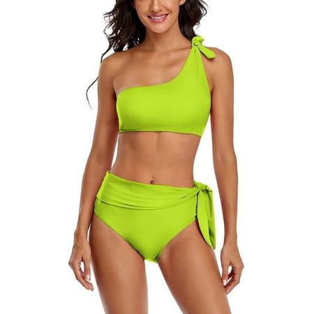 Solid Color Bright Green One Shoulder Bowknot Swimsuit Two Piece Swimsuit Knot Crop Top Bikini High Waisted Bathing Suit