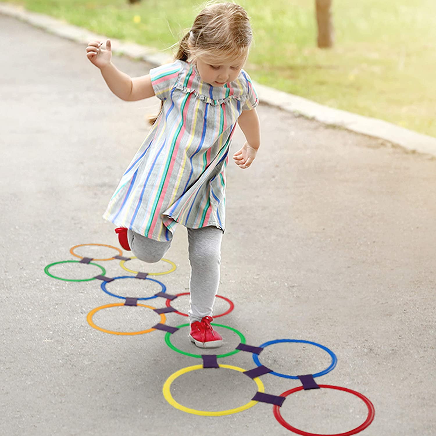 JOOZ Fun Creative Play Set Hopscotch Ring Games With 10 Multi-Colored Plastic Rings And 10 Connectors For Indoor Or Outdoor Use Equipment Sold As a Unit For Playing Indoor And Outdoor Hopscotch Games
