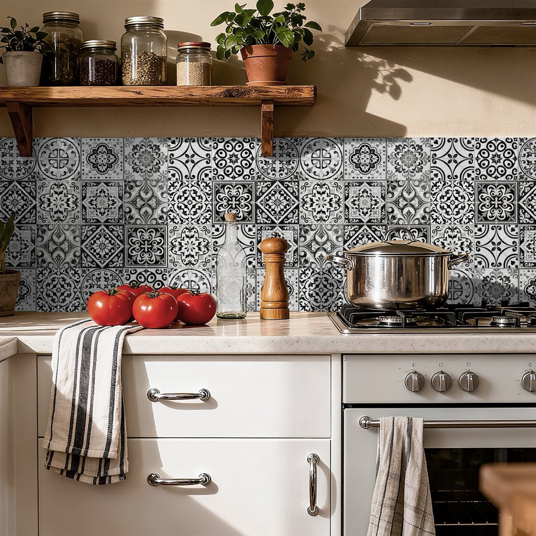 24Pcs Tile Sticker Waterproof Peel and Stick Backsplash 7.87" x 7.87" Gray Black Flowers Pattern Wall Stickers Self Adhesive Decals DIY Decor