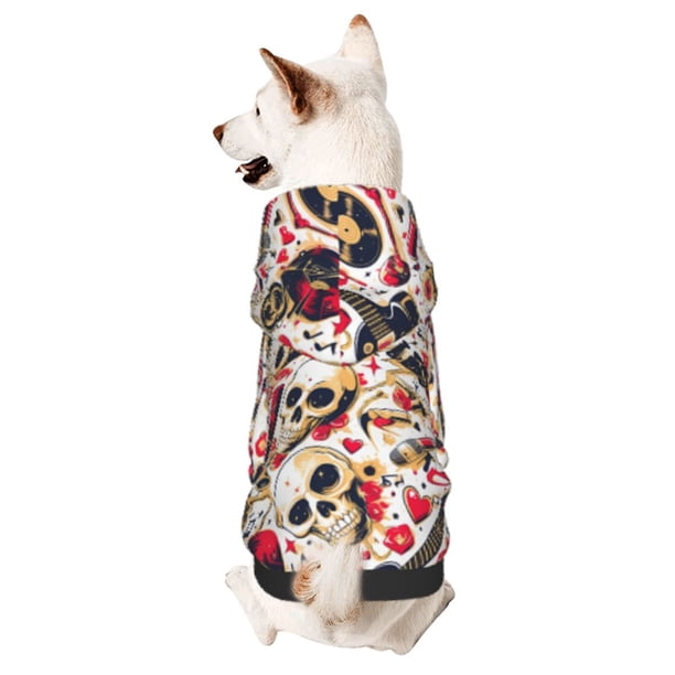 Fotbe Guitar Skull rock Sudadera con Estampado para Perros Pequeños – Suéter con Capucha para Mascotas, Tela Suave de Forro Polar con Bolsillo-Small