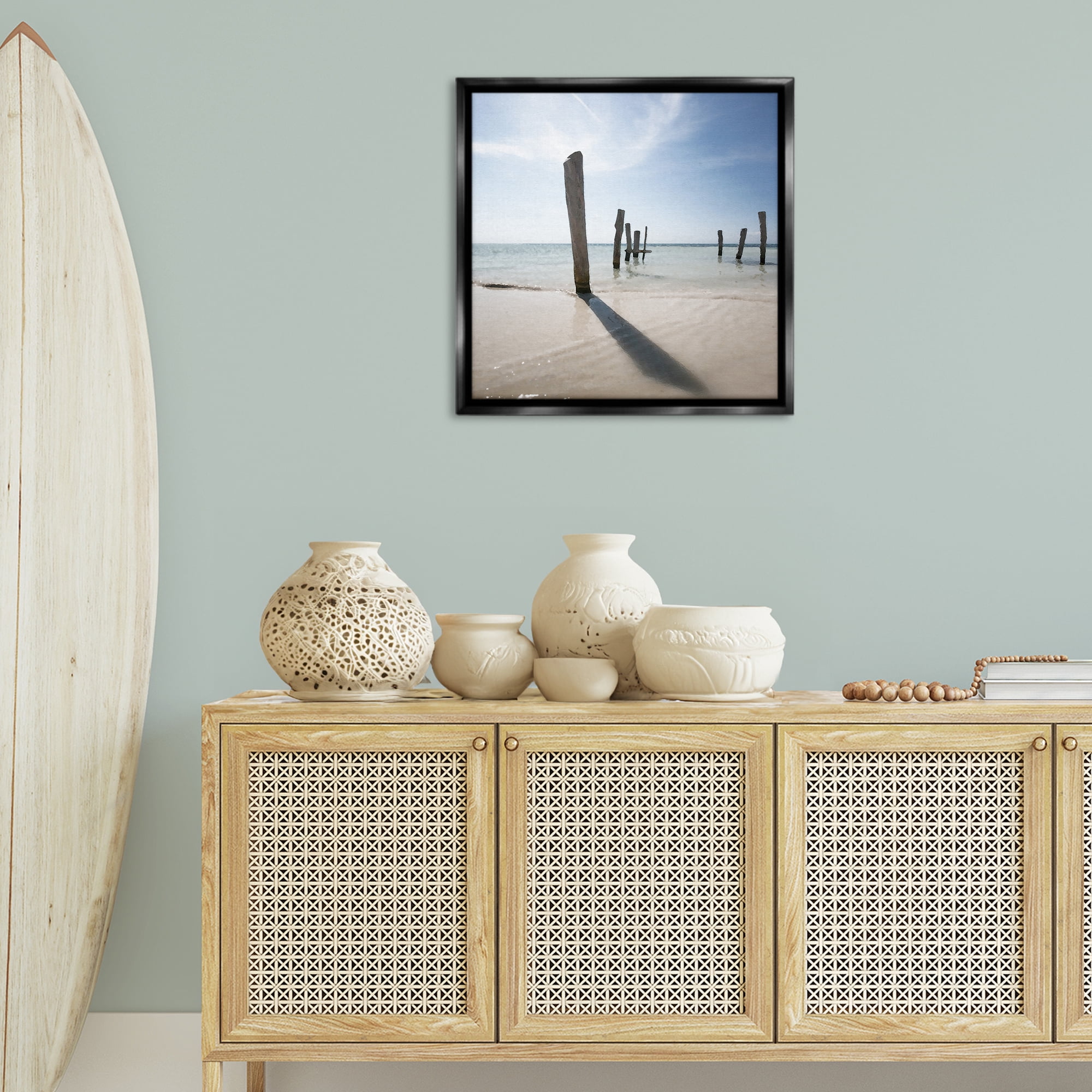 Stupell Industries Eight Beach Posts Coastal Photography Black Floater Framed Canvas Art Print Wall Art, 25 x 25