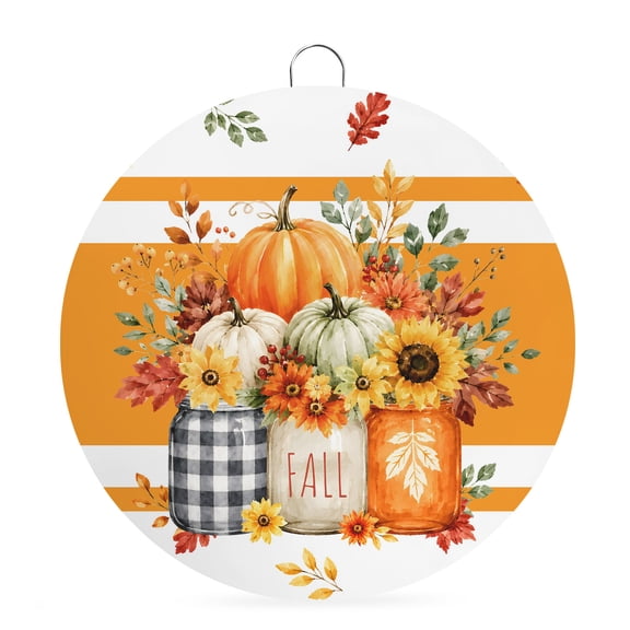 Welcome Sign Front Door Decorations, Orange Fall Round Wall Art Outdoor Metal Wreaths, Thanksgiving Pumpkins Harvest Sunflower Striped Seasonal Hanging Sign for Home Porch Decor Warming Gift 8 In