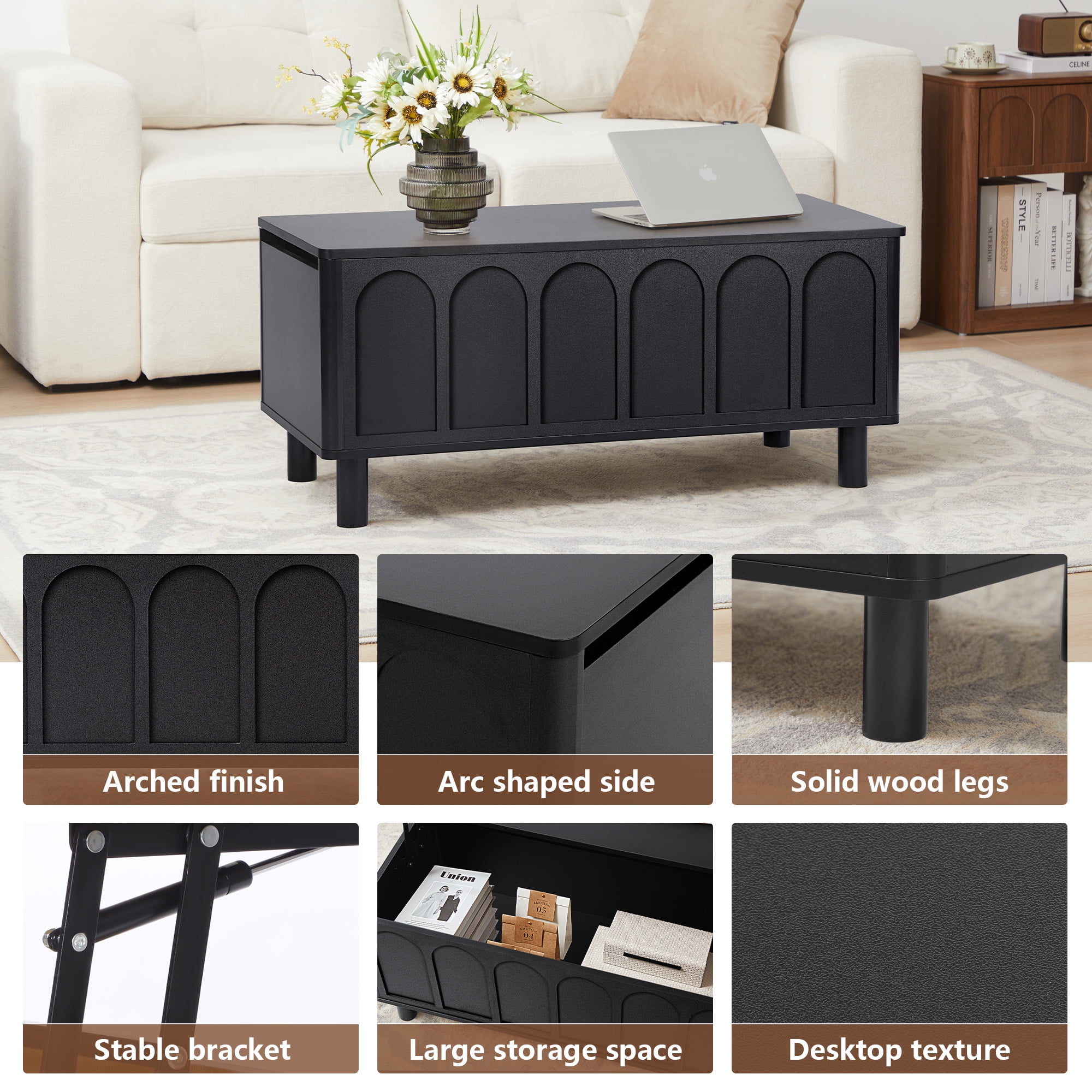 YOCWO Lift Top Coffee Table with Hidden Compartment & Storage Shelve, Arched Fluted Coffee Table for Living Room, Black