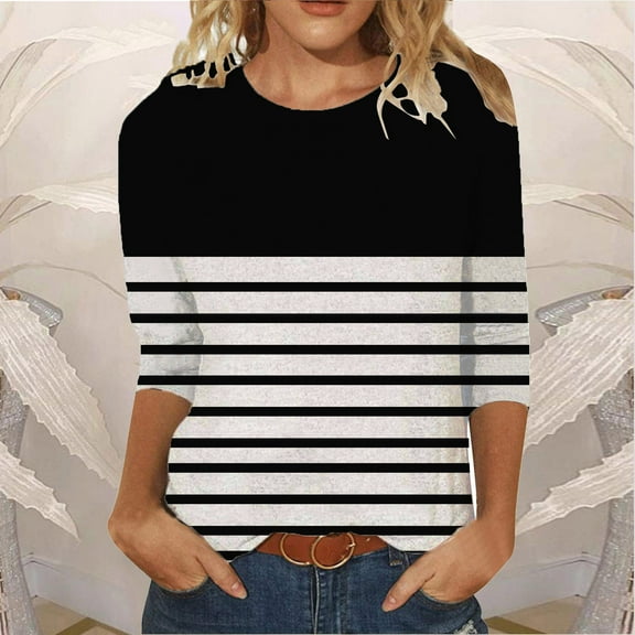 Eiyaclvo Womens 3/4 Sleeve Tops Fall 2025 Trendy Crew Neck Striped Tee Shirts Casual Comfy Pullover Blouses Office Work Tops