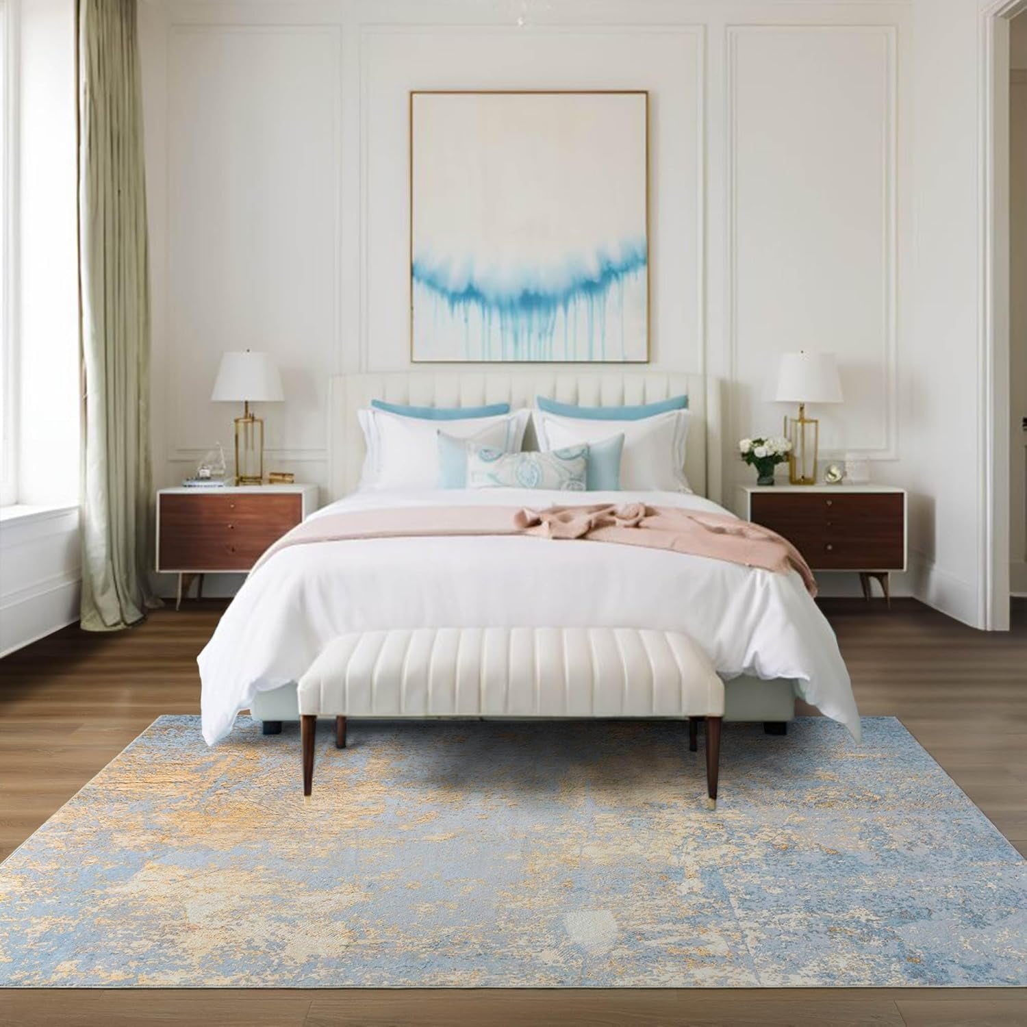 Lochas Abstract Area Rug Soft Modern Rugs for Living Room Bedroom Home Decor Indoor Carpet,4'x6',Blue/Gold