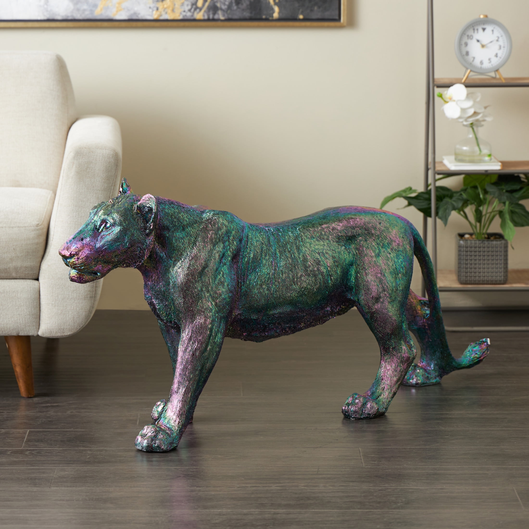 48" x 22" Multi Colored Resin Standing Leopard Sculpture with Rainbow Shimmer Finish, by DecMode
