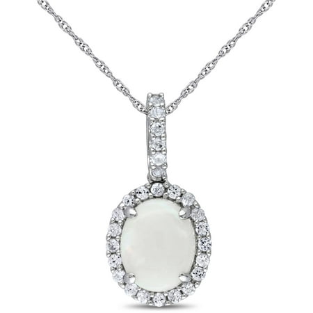 2-1/6 Carat T.G.W. Opal and Created White Sapphire 10kt White Gold Halo Pendant, 17