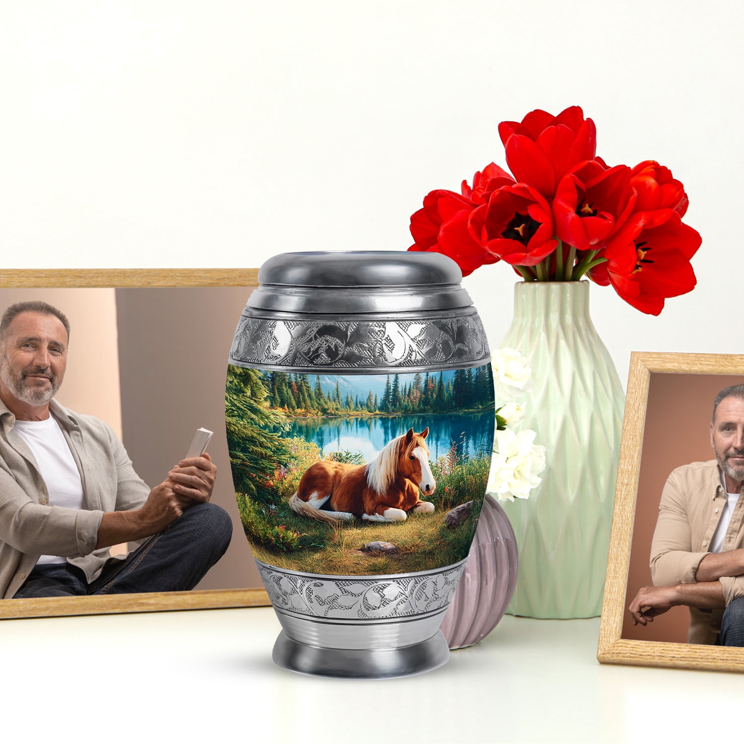 JAGASY Horse Burial Urn for Ashes Adult Male, Blue Keepsake Small Urns for Human Ashes, Mountain Trees Decorative Urns for Friends, Brown Horse Funeral Cremation Urn for Boys & Girls, (3 Inch)