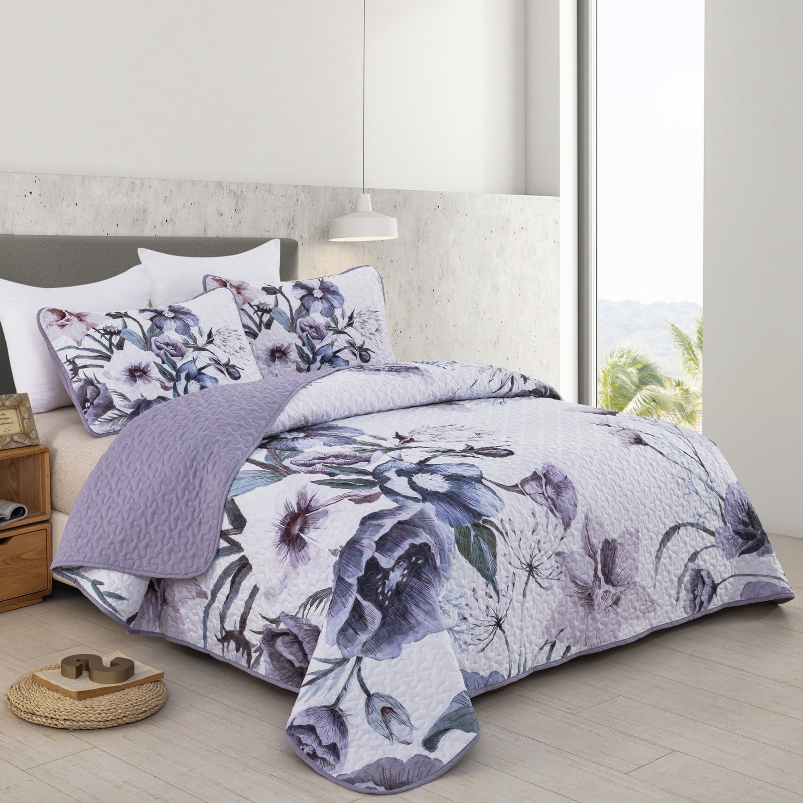 Dintszyayue Big Floral Quilt Set King Size,3Pcs Purple Flower Bedspread Set Reversible Lightweight (90"x110")